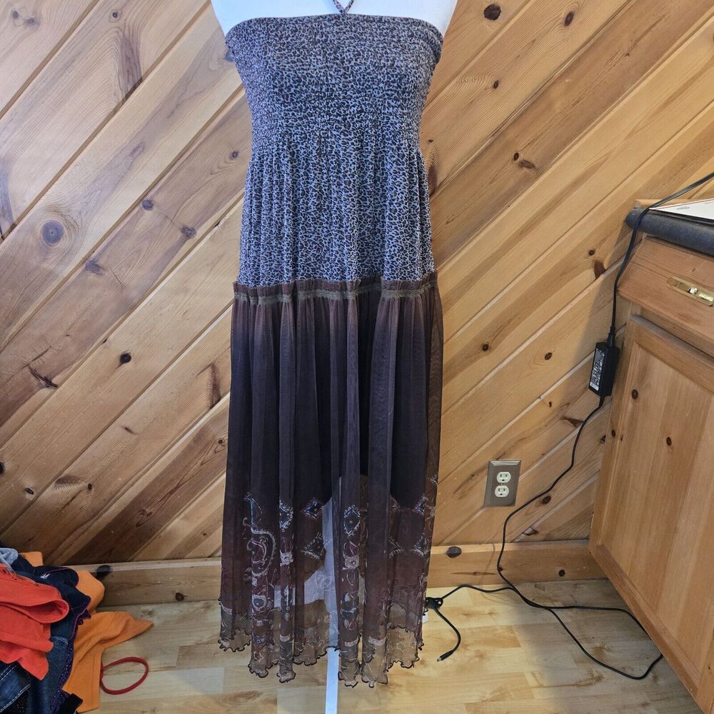 LAPIS Peasant Boho Strapless/Halter Strech Dress Szβ Small Leopard Sheer